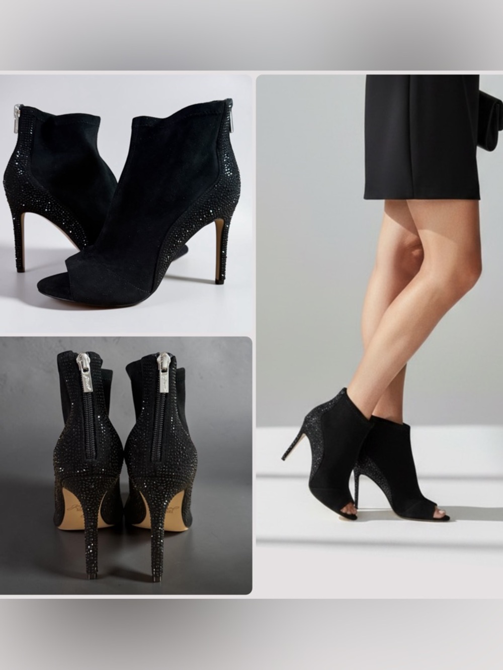Jewel Badgley Mischka Black Suede Embellished Peep-Toe Ankle Booties NWOB $189